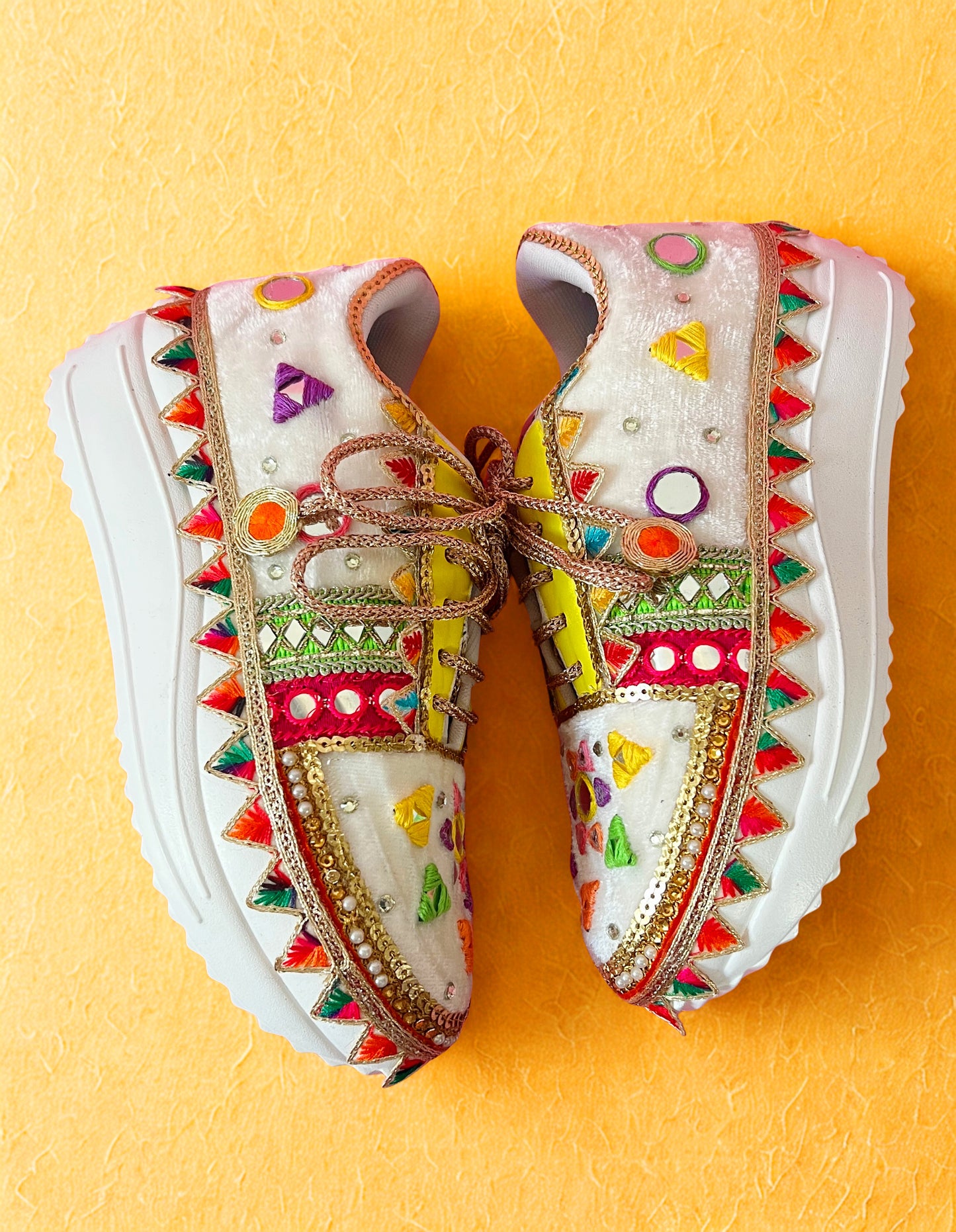 FUNKY N TRENDY “Yellow neon mirror work Handcrafted Sneakers – Mirror Magic”