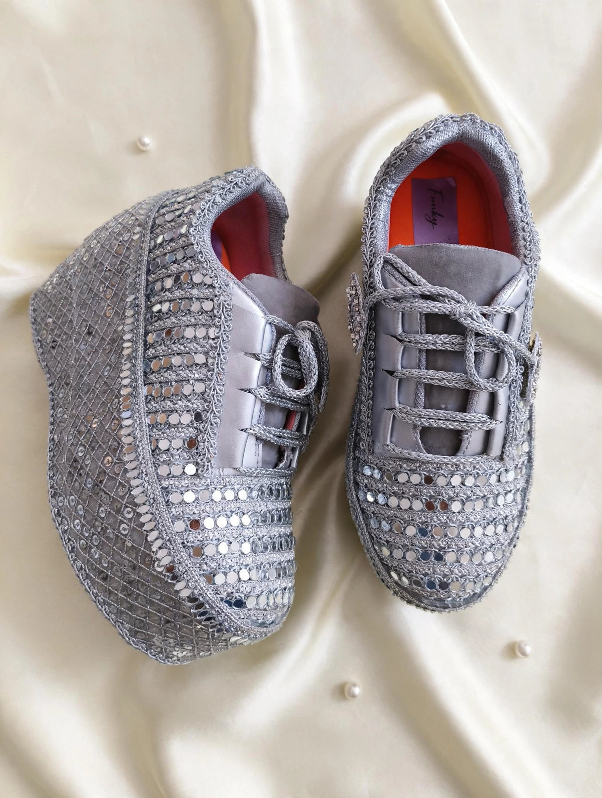 FUNKY N TRENDY Silver Mirror work sneakers - wedge sneakers heeled sneakers/ silver sneakers