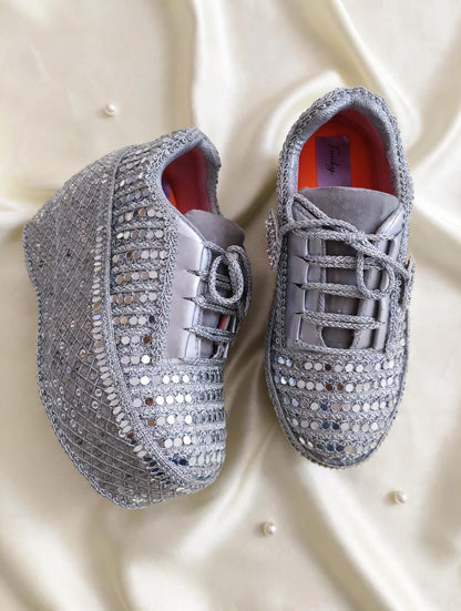 FUNKY N TRENDY Silver Mirror work sneakers - wedge sneakers heeled sneakers/ silver sneakers