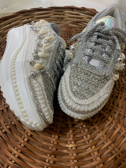 FUNKY N TRENDY silver sneakers for brides / silver sneakers for bridesmaids/ silver sneakers / bridal sneakers / bridesmaid sneakers/ silver hand work sneakers