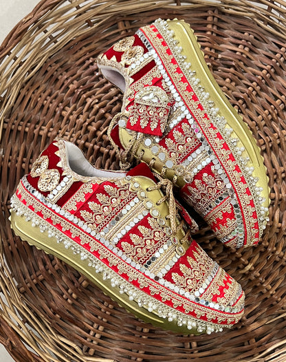 FUNKY N TRENDY red and gold bridal sneakers / bridesmaid sneakers/ golden sneakers / gold sneakers / red shoes / red bridal sneakers / embroidered shoes / embroidered sneakers