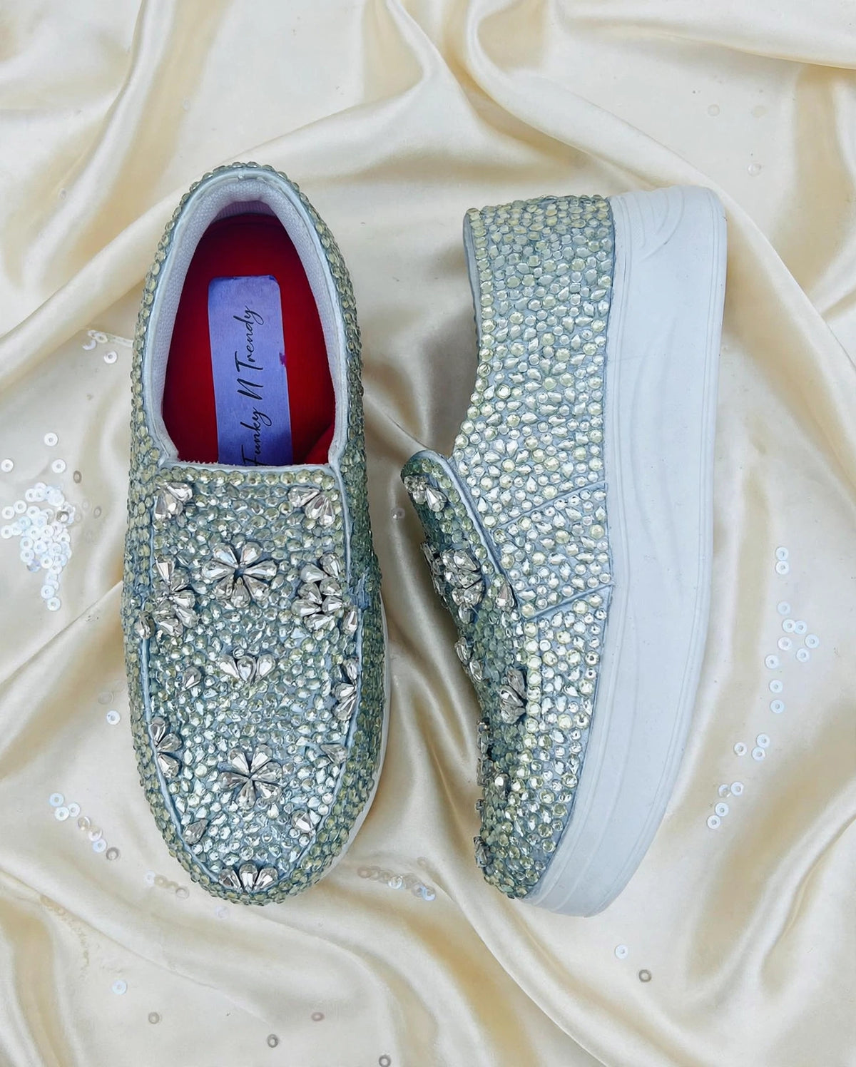 Funky N Trendy hand crystalized silver sneakers for brides / bridesmaids