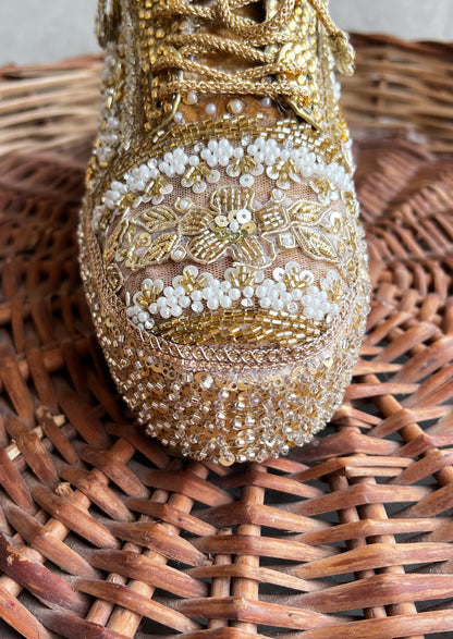 FUNKY N TRENDY Gold Heavy Embroidered bridal sneakers - wedge sneakers heeled sneakers/ golden sneakers