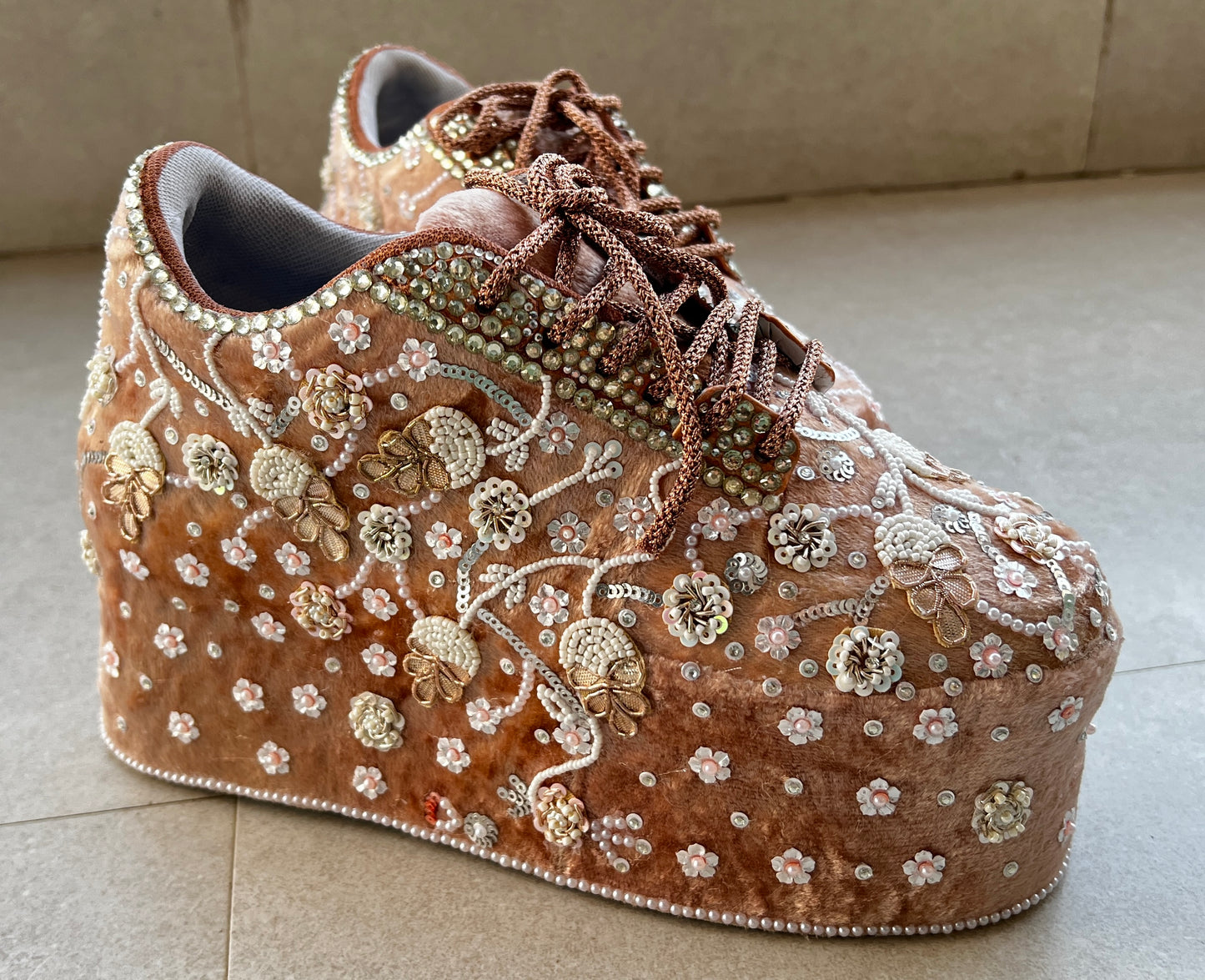 FUNKY N TRENDY rose gold with pearl Embroidered bridal sneakers - wedge sneakers heeled sneakers/ pearl work sneakers