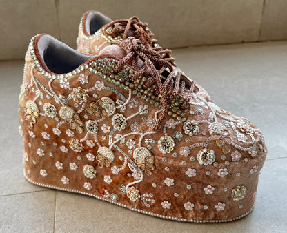FUNKY N TRENDY rose gold with pearl Embroidered bridal sneakers - wedge sneakers heeled sneakers/ pearl work sneakers