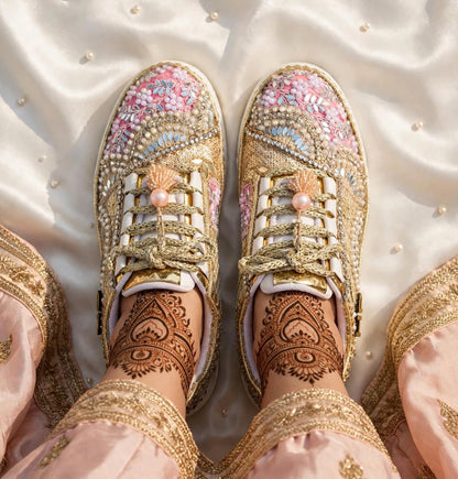 FUNKY N TRENDY baby pink and gold sneakers for brides / bridesmaids/ pink sneakers / baby pink sneakers / bridal sneakers / bridesmaid sneakers/ golden hand work sneakers/ pink shoes with custom name initials