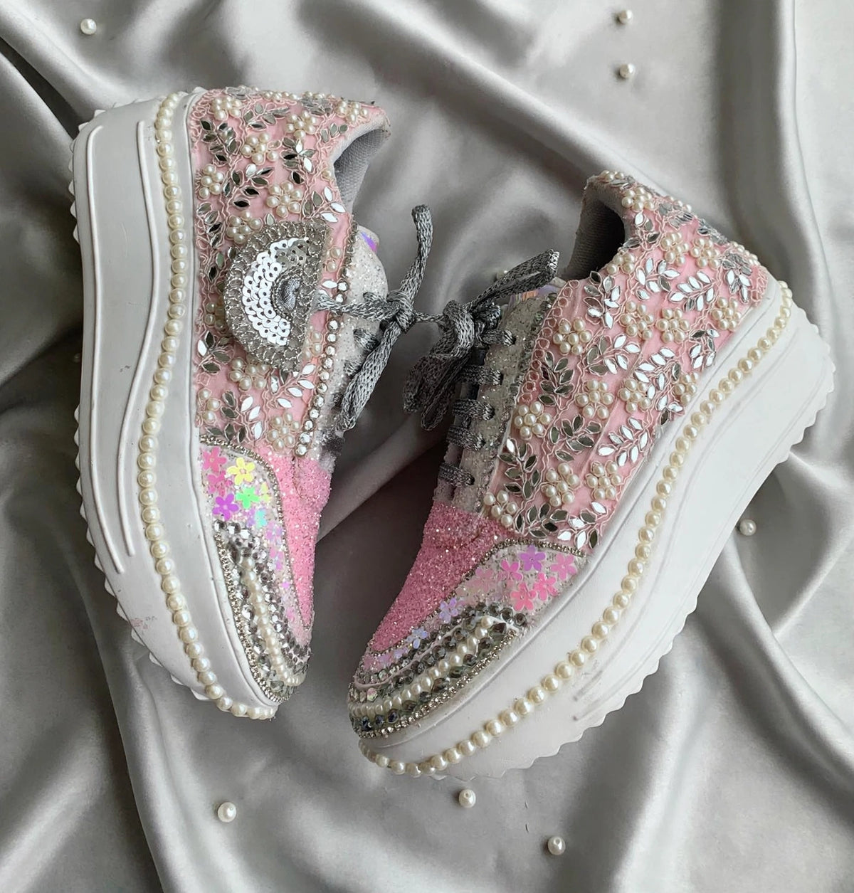Custom Pink Pearl Bridal Sneakers | Platform Wedding Sneakers India | Funky N Trendy
