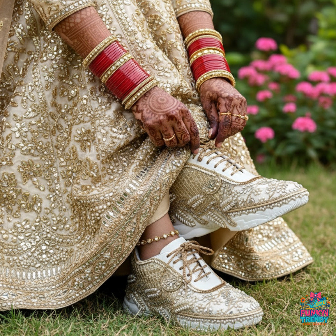 Funky N Trendy ivory /  embroidery work bridal sneakers/ bridesmaid sneaker / hancrafted sneakers / gold sneakers / golden sneakers/ mirror sneakers / pearl sneakers