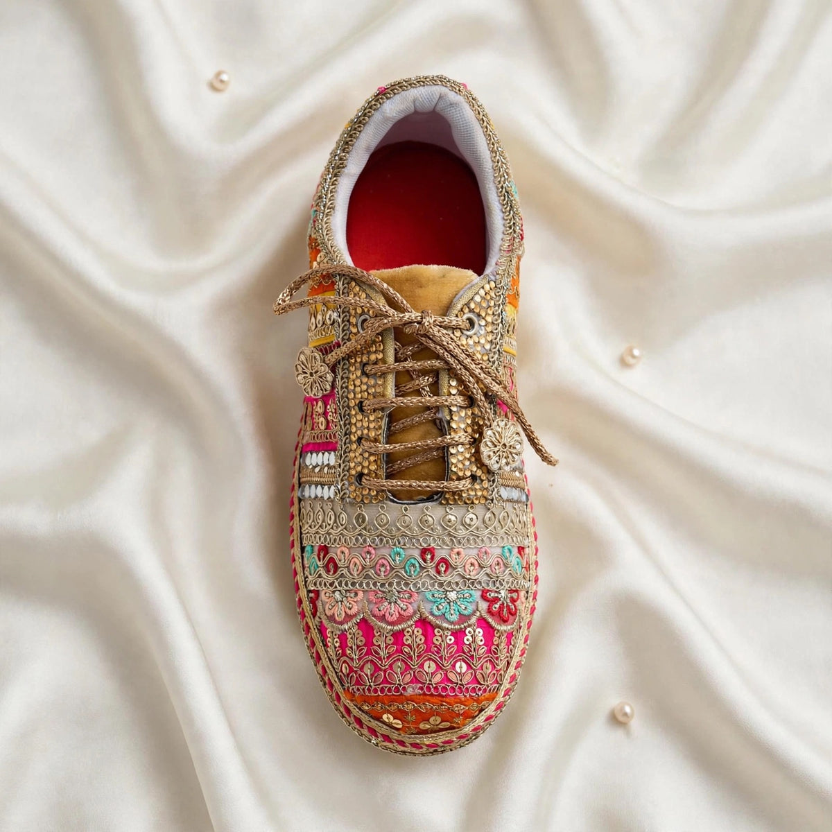 Handcrafted Mirror Work Bridal Sneakers | Indian Wedding Sneakers with Gota Patti Embroidery