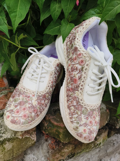 FUNKY N TRENDY fully hand crafted threadwork floral sneakers/ floral shoes/ pink sneakers/ lavender sneakers