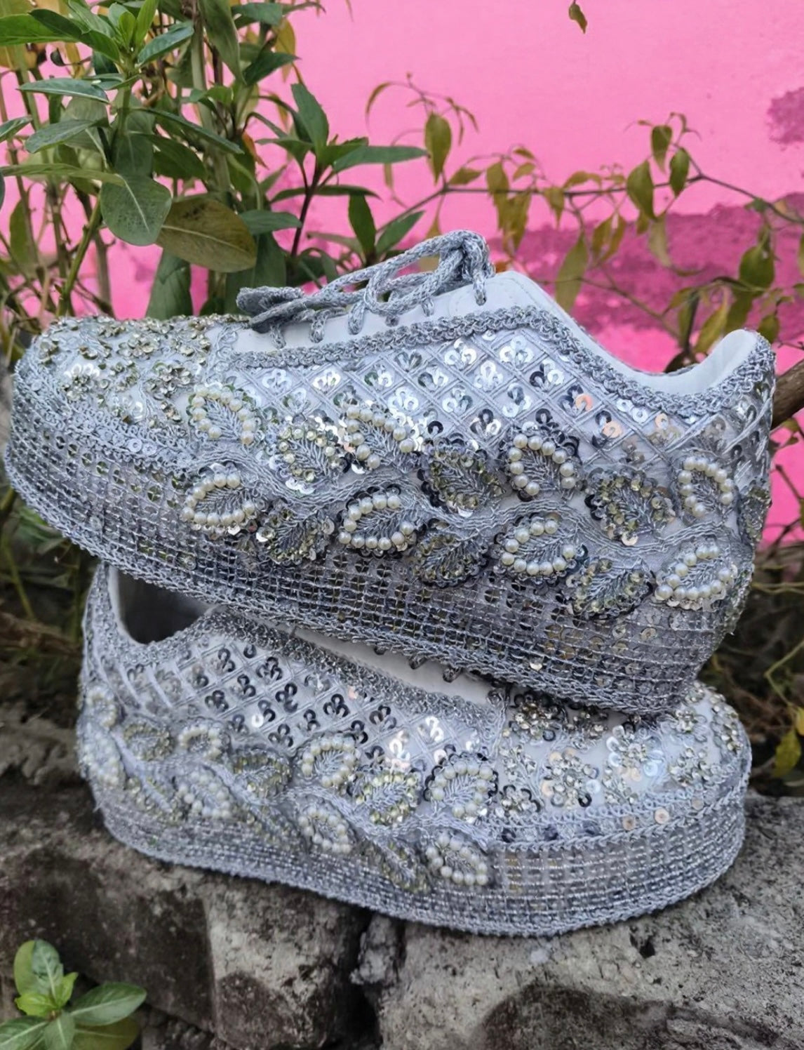 FUNKY N TRENDY Silver Mirror sequine work sneakers - wedge sneakers heeled sneakers/ silver sneakers