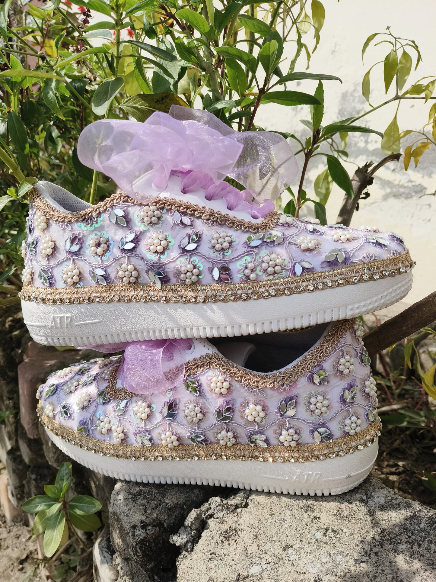 “Purple Bridal Sneakers with Mirror detailing– Floral Embroidery”