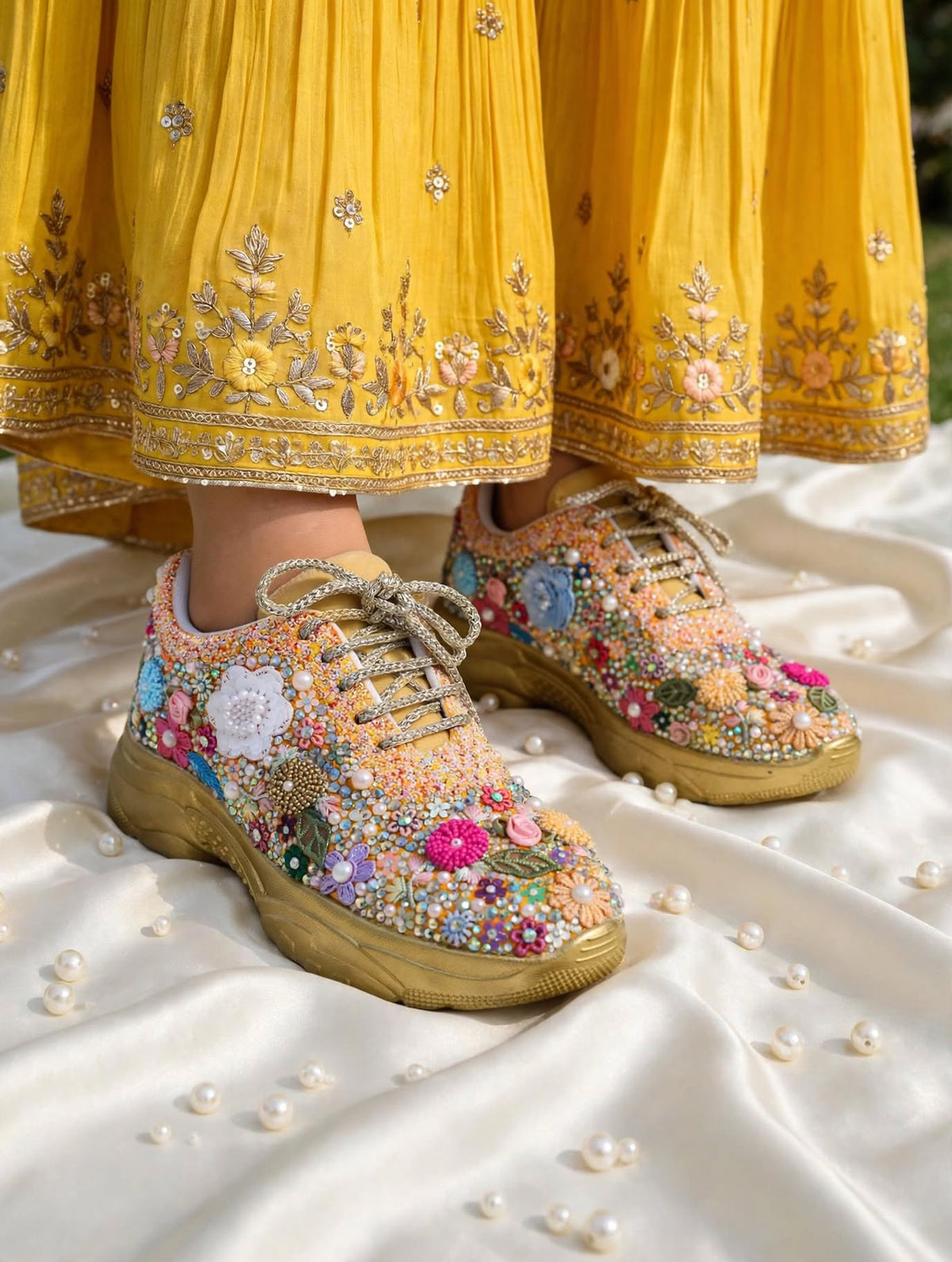 FUNKY N TRENDY fully hand crafted floral work with beads rhinestones cutdana sneakers / flower shoes / gold sneakers
