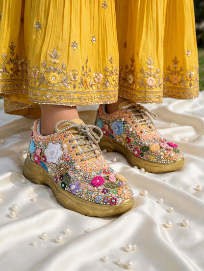 FUNKY N TRENDY fully hand crafted floral work with beads rhinestones cutdana sneakers / flower shoes / gold sneakers