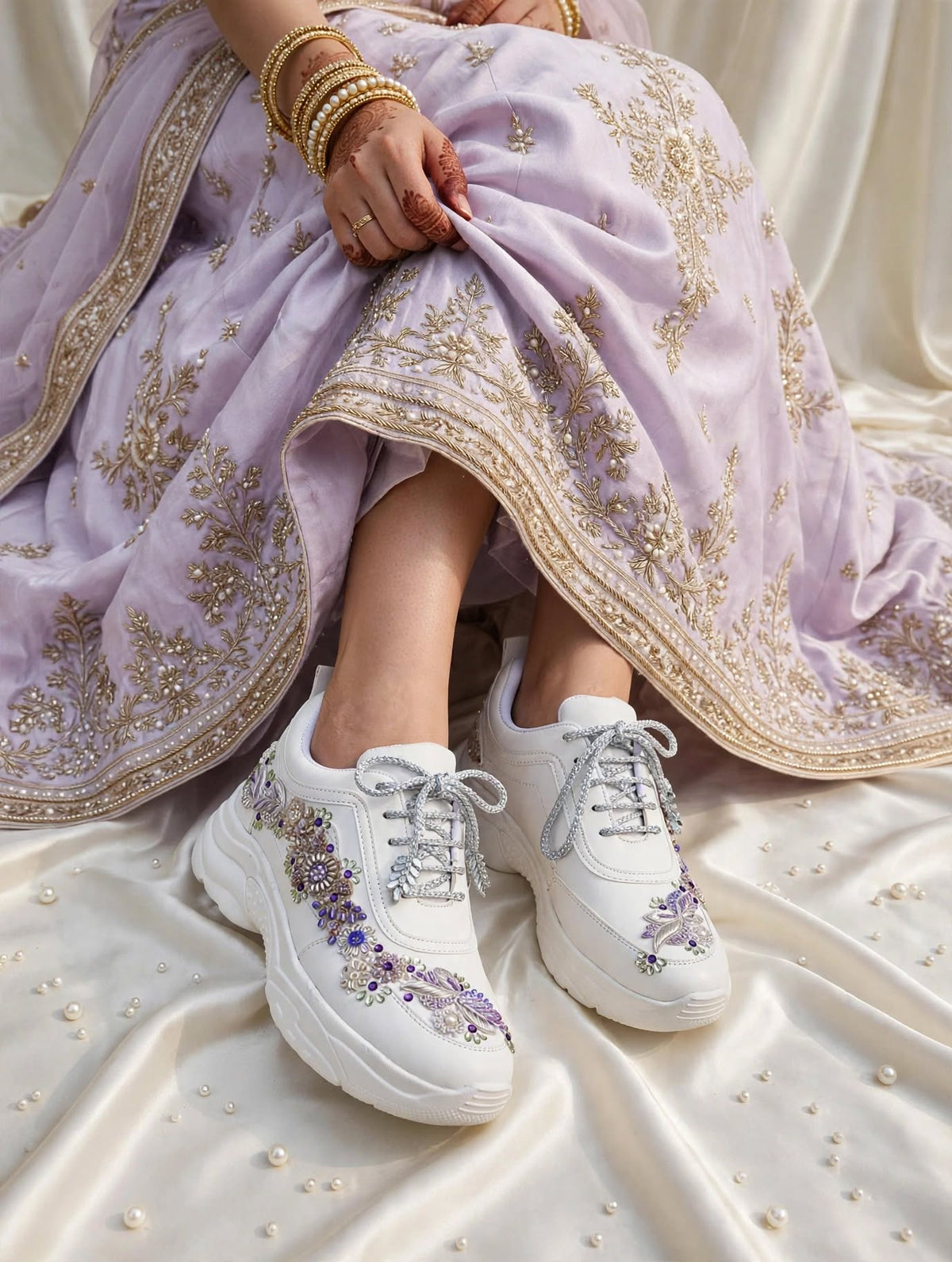 Funky N Trendy embroidery work bridal sneakers/ bridesmaid sneaker / silver sneakers/ purple shoes /name and wedding date customization