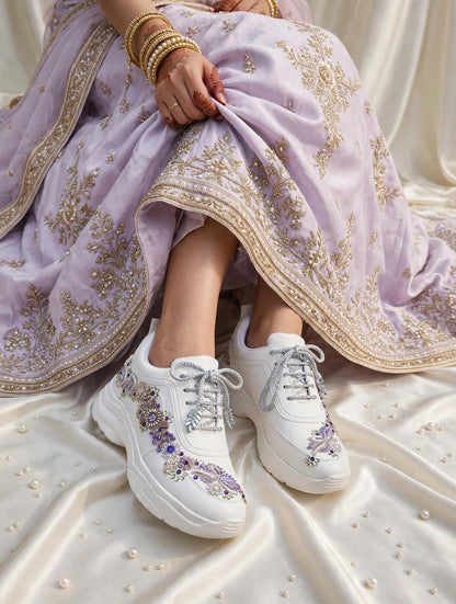 Funky N Trendy embroidery work bridal sneakers/ bridesmaid sneaker / silver sneakers/ purple shoes /name and wedding date customization
