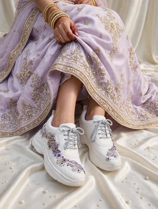 Funky N Trendy embroidery work bridal sneakers/ bridesmaid sneaker / silver sneakers/ purple shoes /name and wedding date customization