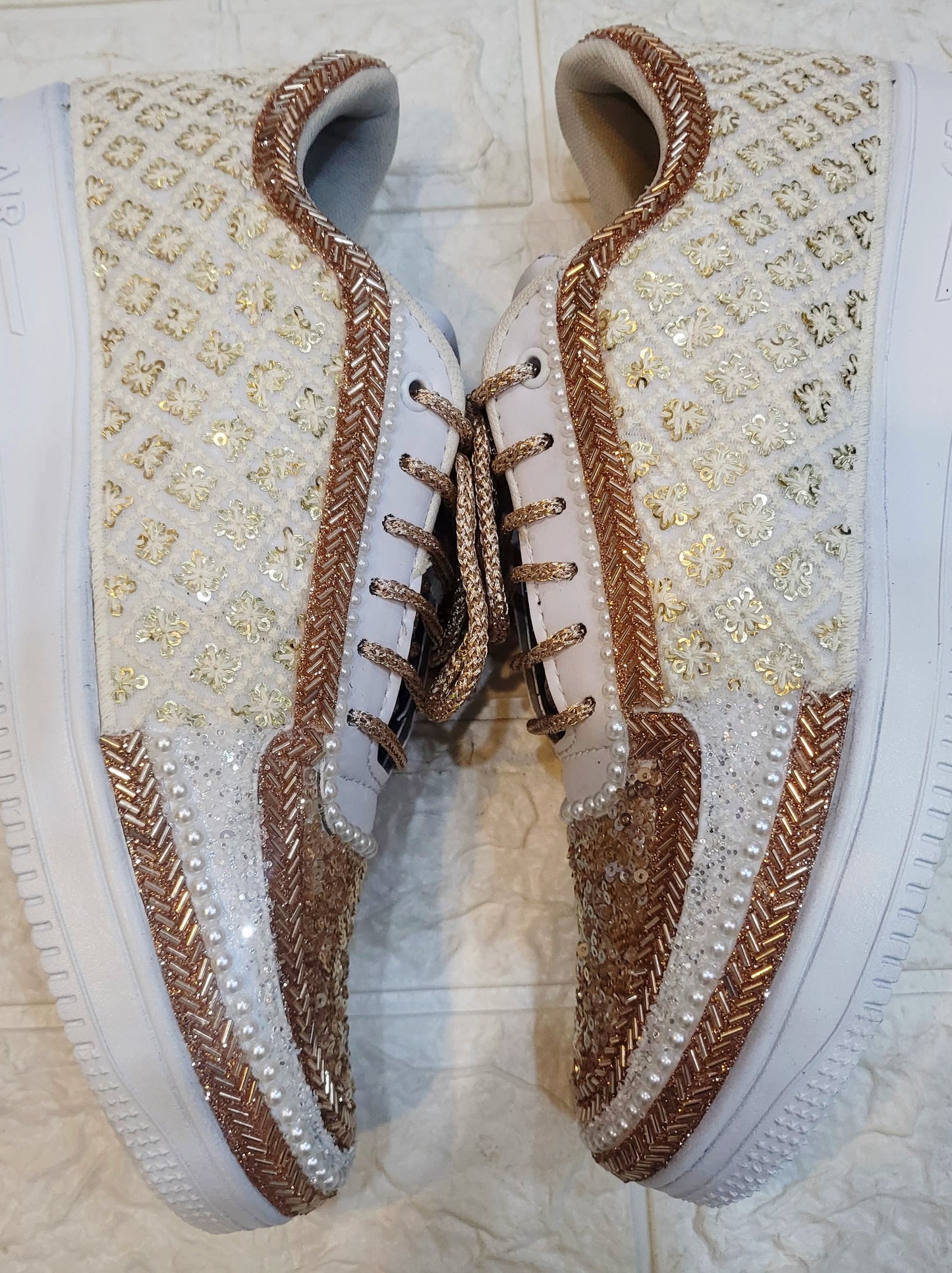 FUNKY N TRENDY tan peach with ivory color hand work sneakers for brides / bridesmaids/ rose gold sneakers / rose gold shoes