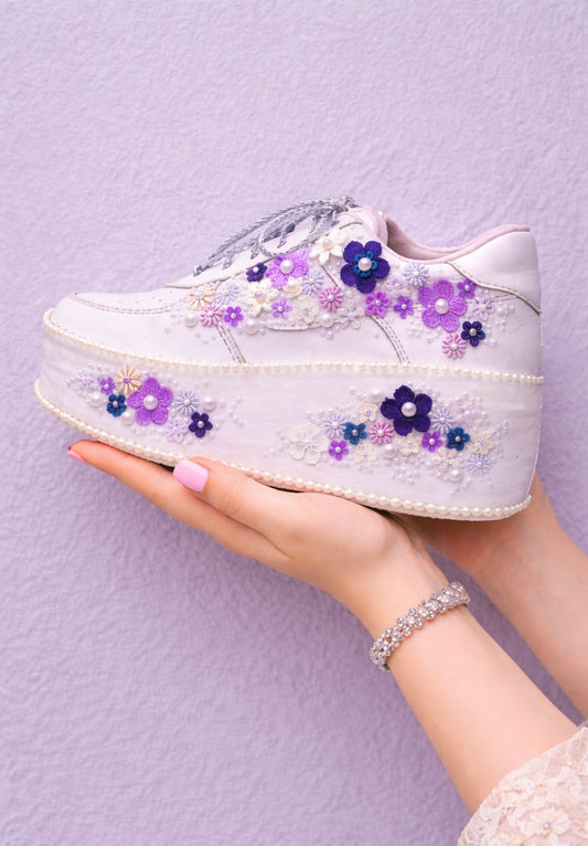 Customized Purple garden Bridal Sneakers with Name initials / wedding date– Wedding Shoes for Bride/ white sneakers