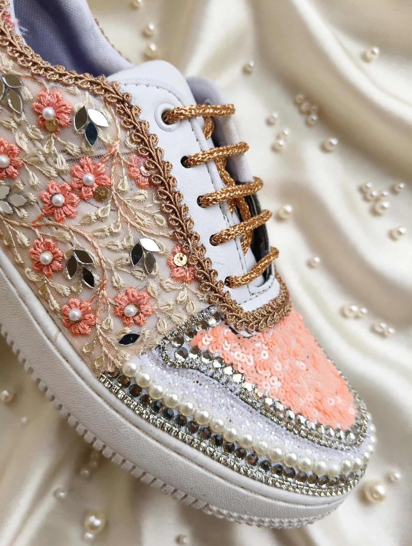 Blossom Bride Bridal Sneakers — Peach Floral Embroidered Sneakers with Pearl & Crystal Trim