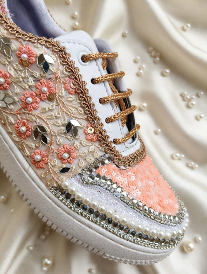 Blossom Bride Bridal Sneakers — Peach Floral Embroidered Sneakers with Pearl & Crystal Trim