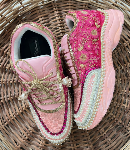 FUNKY N TRENDY peach/pink / pink embroidery sneakers with pearls detailing for brides / bridesmaids with custom couple name initials/ pink shoes / peach shoes/ rani color sneakers