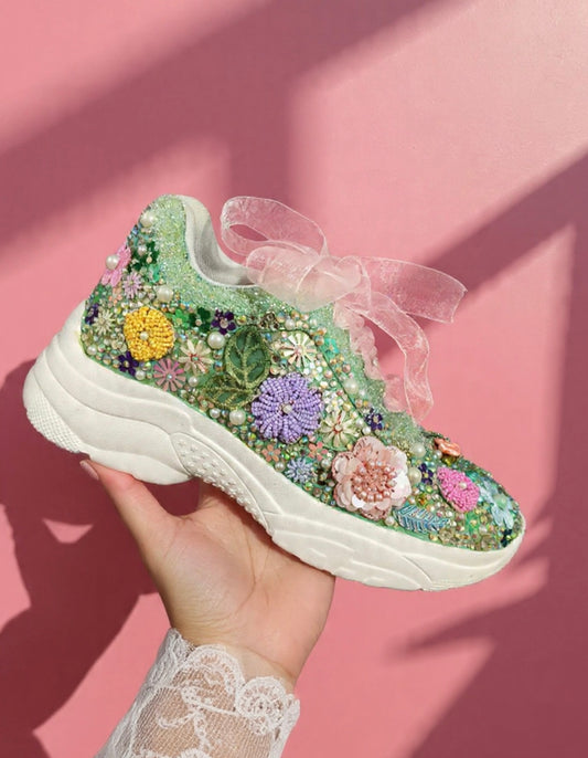 FUNKY N TRENDY “Green Pastel Garden Handcrafted Sneakers – Floral Magic” - Green Sneakers