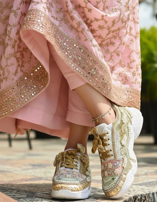 FUNKY N TRENDY hand crafted golden bridal sneakers / gold sneakers / pastel sneakers / embroidery sneakers / sneakers for bride/ embroidered pastel theme sneakers