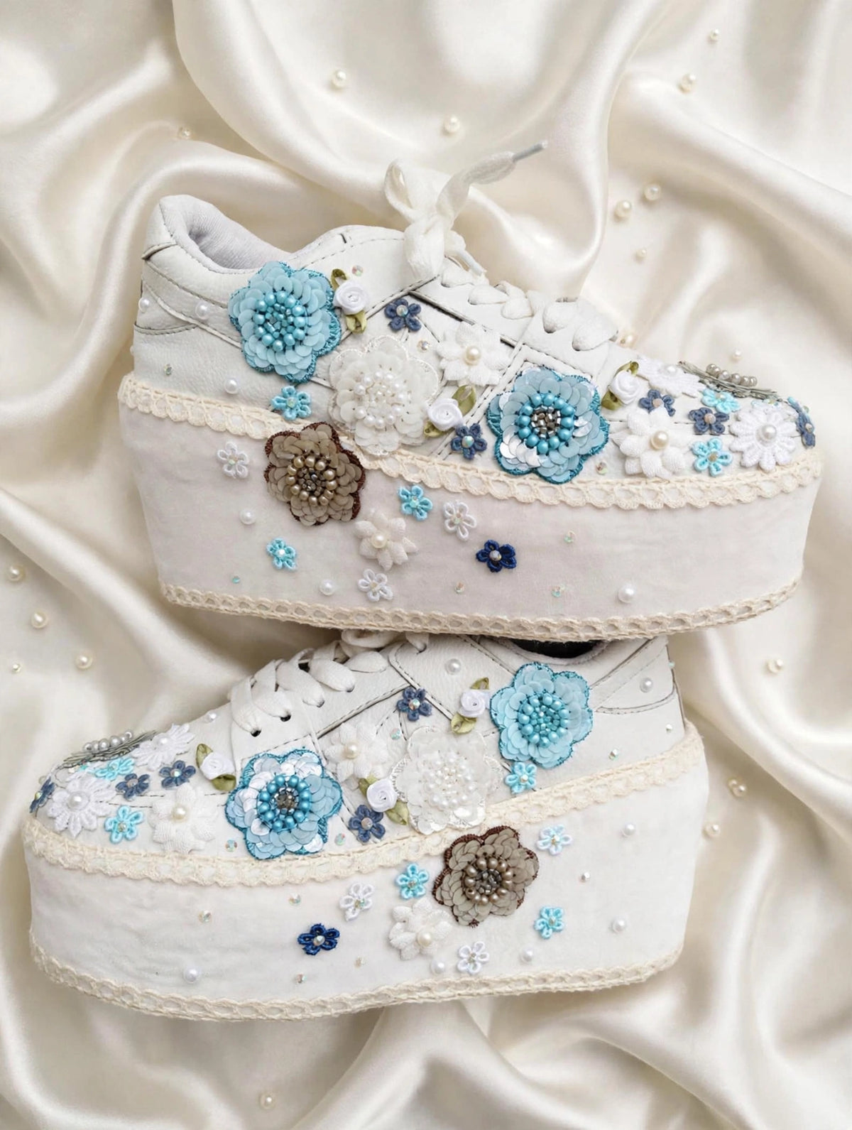 Princess Blue Floral Embroidered Platform Bridal Sneakers - White Wedding Sneakers for Bride