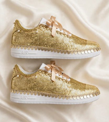 FUNKY N TRENDY handcrafted golden sequine work bridal sneakers / bridesmaid sneakers/ gold sneakers / golden sneakers / sequine work sneakers / gold shoes