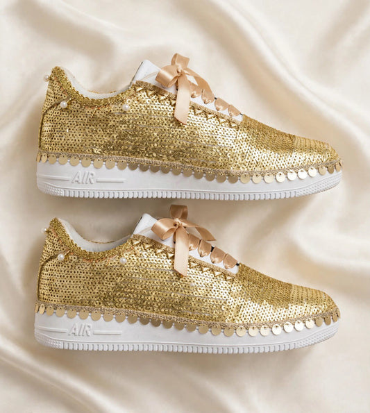 FUNKY N TRENDY handcrafted golden sequine work bridal sneakers / bridesmaid sneakers/ gold sneakers / golden sneakers / sequine work sneakers / gold shoes