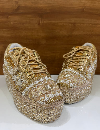 FUNKY N TRENDY Gold Heavy Embroidered bridal sneakers - wedge sneakers heeled sneakers/ golden sneakers