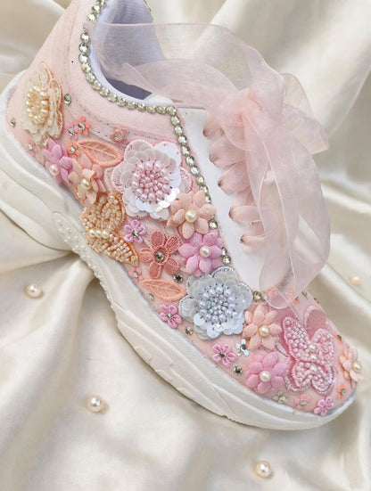 FUNKY N TRENDY peach/white/ blue floral butterfly theme sneakers with pearls detailing for brides / bridesmaids with custom couple name initials/ pink shoes / peach shoes