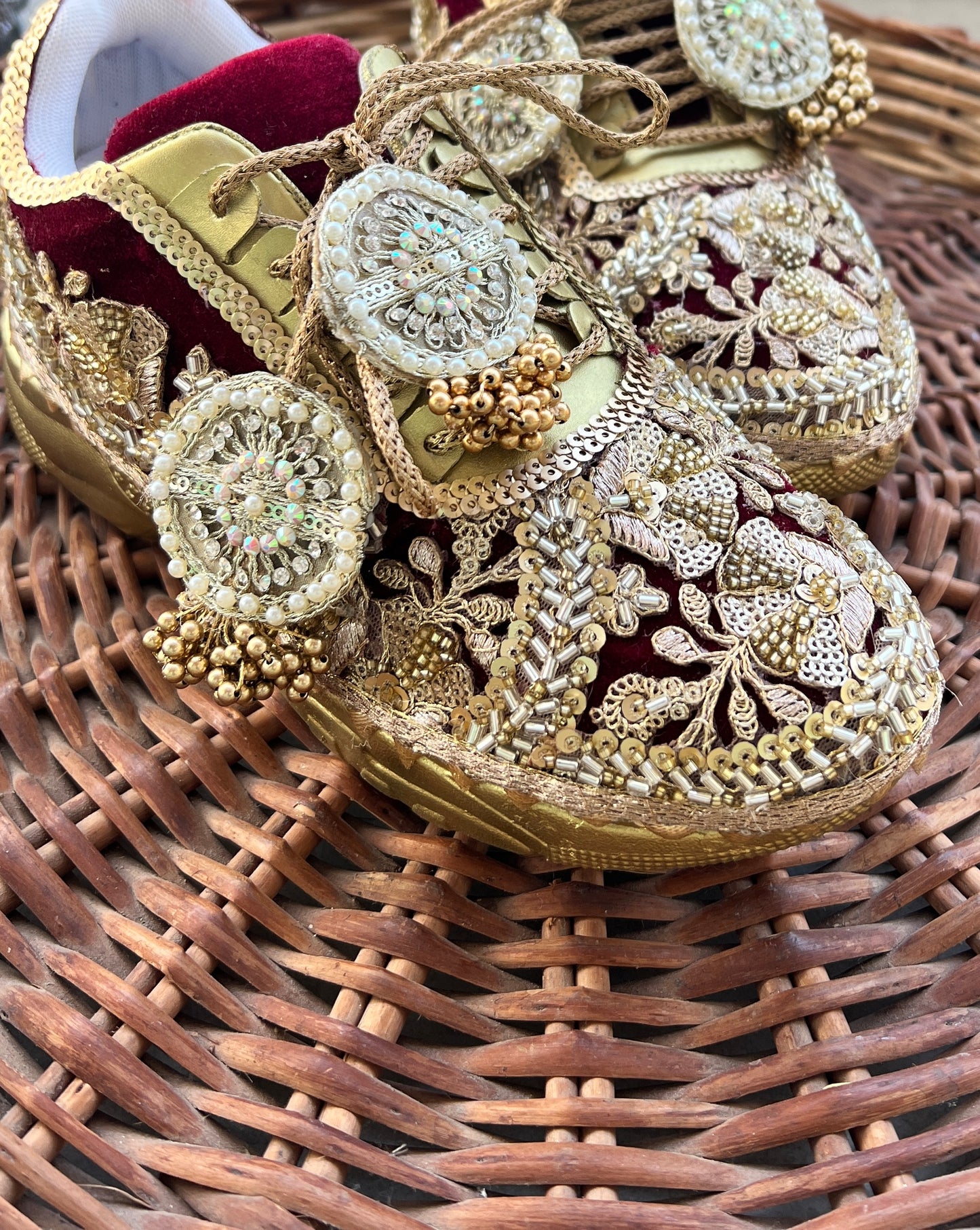Funky N Trendy Maroon & Gold embroidery work bridal sneakers/ bridesmaid sneaker / golden sneakers/ Maroon sneakers / gold shoes/ bride shoes / handcrafted sneakers / bridal shoes