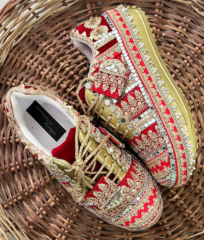 FUNKY N TRENDY red and gold bridal sneakers / bridesmaid sneakers/ golden sneakers / gold sneakers / red shoes / red bridal sneakers / embroidered shoes / embroidered sneakers