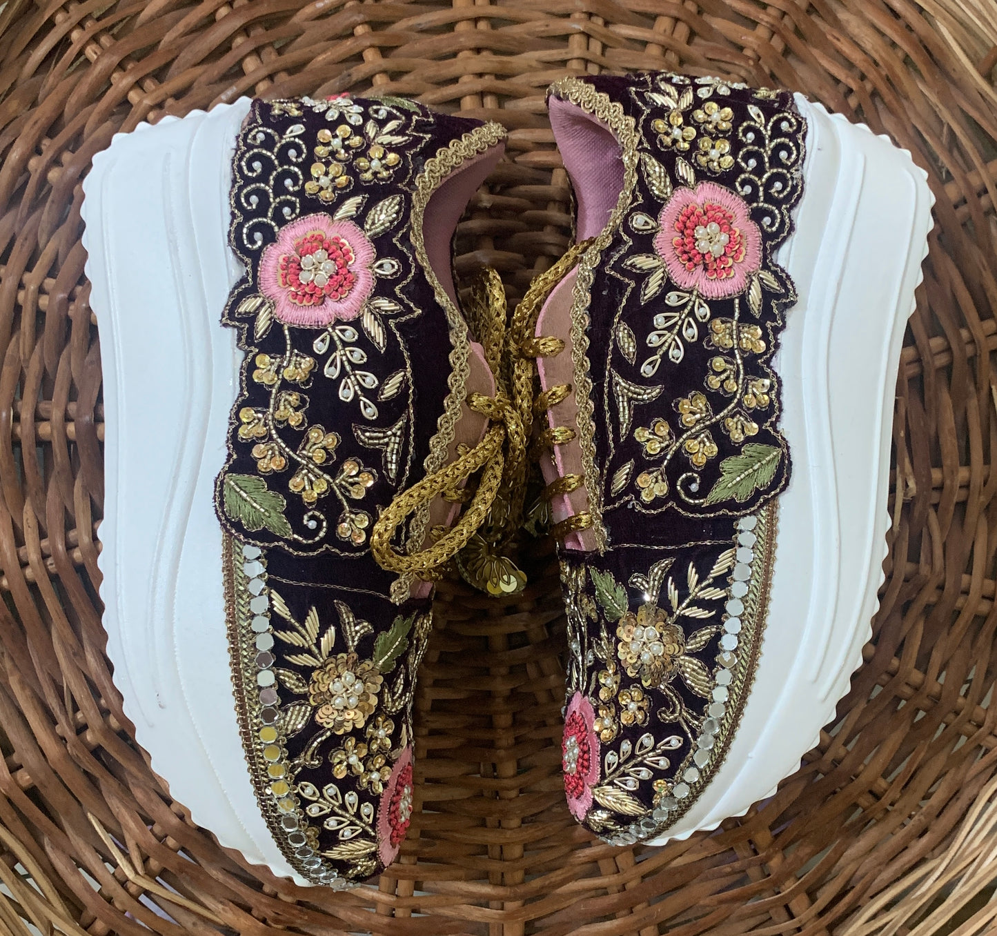 FUNKY N TRENDY maroon wine intricate hand embroidered sneakers for brides /bridesmaids / sneakers for bridesmaids/ handcrafted sneakers/ sequine sneakers / bridal sneakers / bridesmaid sneakers/ maroon sneakers /embroidered shoes/ zardozi sneakers