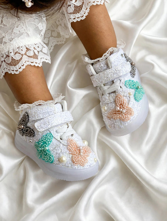 Funky N Trendy peach green butterfly sneakers /kids sneakers/ butterfly shoes / kids shoes/ purple sneakers / peach shoes for kids/handmade sneakers for kids