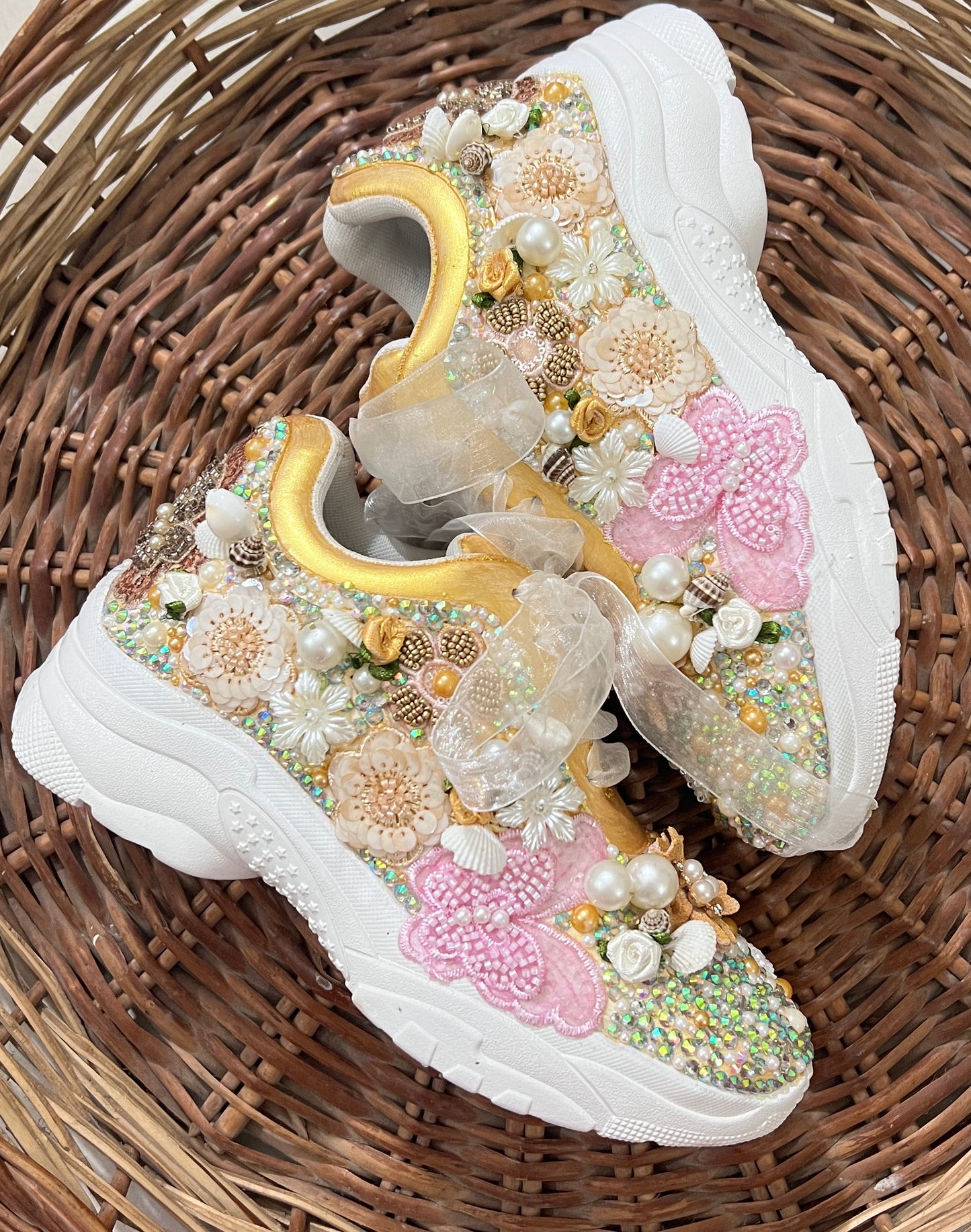 FUNKY N TRENDY gold pink butterfly embroidery sneakers for brides /gold embroidered sneakers/ handcrafted sneakers/ butterfly sneakers / bridal sneakers / bridesmaid sneakers/ gold and pink hand work sneakers