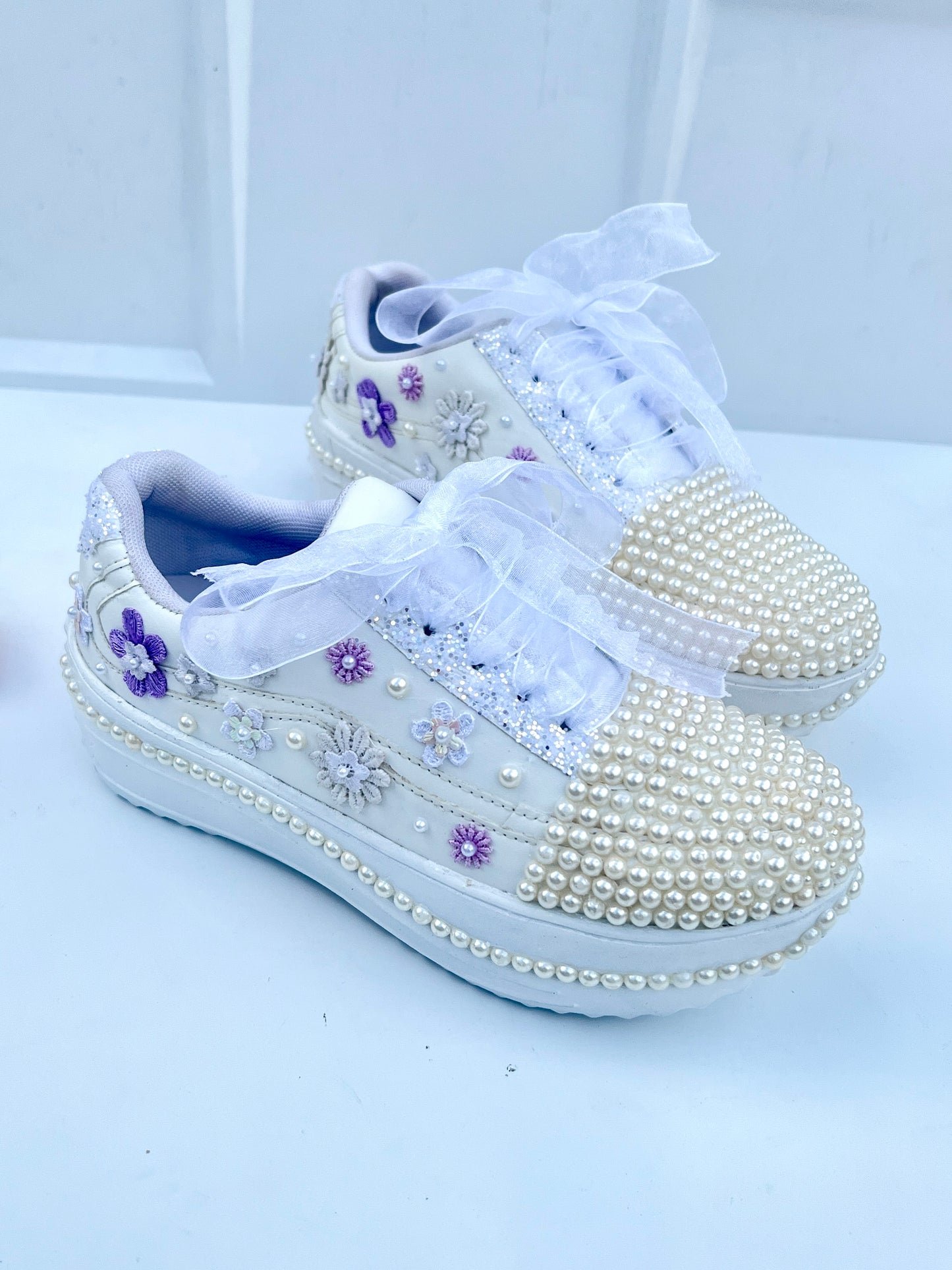 Funky N Trendy white pearl work sneakers with purple / lavender floral detailing / pearl sneakers
