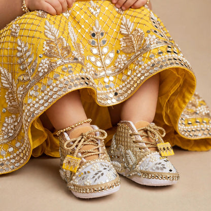 Aaira - Ivory & Gold Baby Girl Ethnic Sneakers | Pearl & Mirror Work First Birthday Shoes