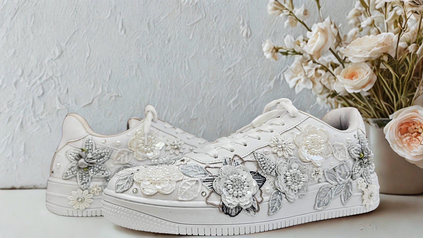 Funky N Trendy white gray
“Floral garden Bridal Sneakers/ bridesmaid sneakers – Embroidered Magic”