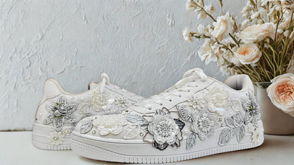 Funky N Trendy white gray
“Floral garden Bridal Sneakers/ bridesmaid sneakers – Embroidered Magic”