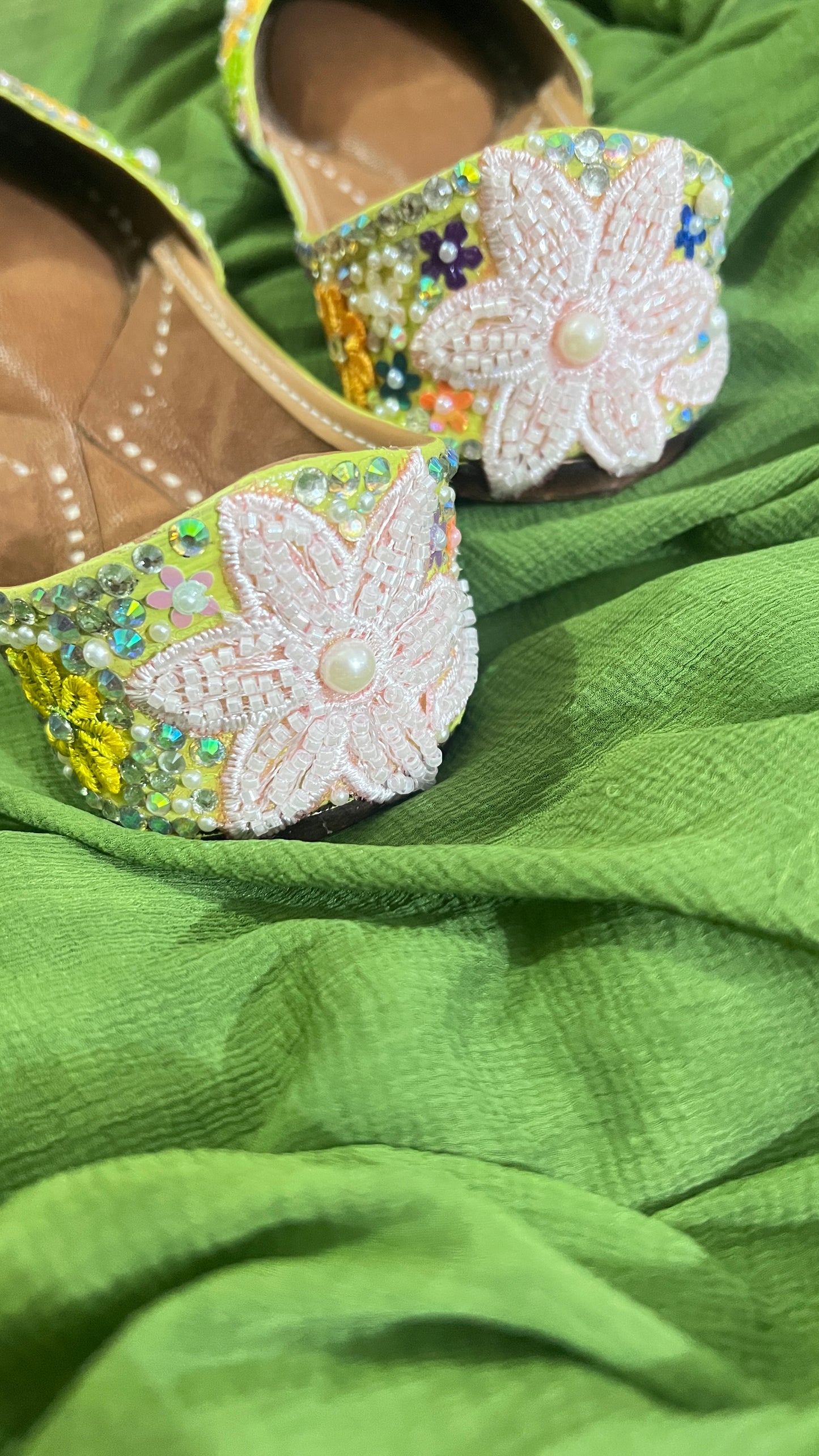 FUNKY N TRENDY “Green Pastel Garden Handcrafted Juttis – Floral Magic” - Green Carnival juttis