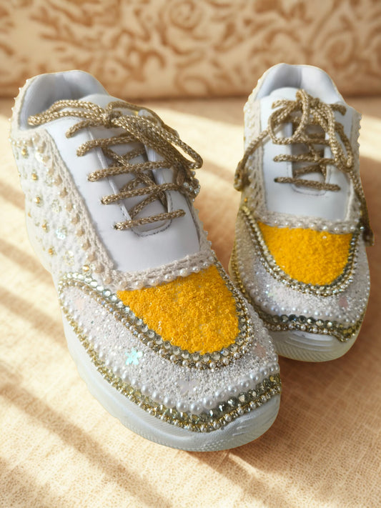Funky N Trendy ivory and yellow embroidery work bridal sneakers/ bridesmaid sneaker / golden sneakers/ yellow sneakers / sequine work sneakers/ yellow shoes/ silver golden sneakers