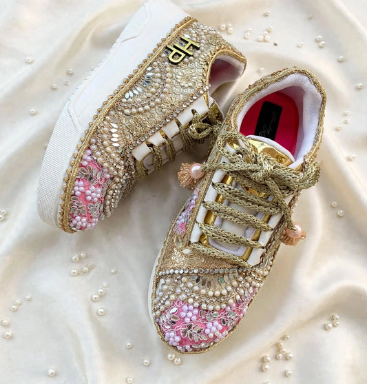 FUNKY N TRENDY baby pink and gold sneakers for brides / bridesmaids/ pink sneakers / baby pink sneakers / bridal sneakers / bridesmaid sneakers/ golden hand work sneakers/ pink shoes with custom name initials