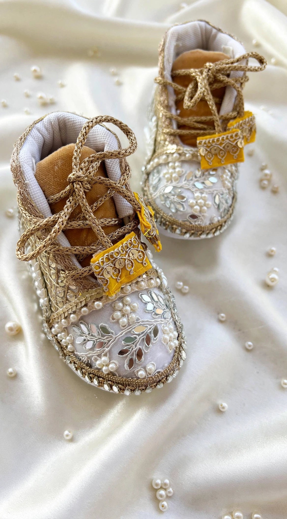 Aaira - Ivory & Gold Baby Girl Ethnic Sneakers | Pearl & Mirror Work First Birthday Shoes