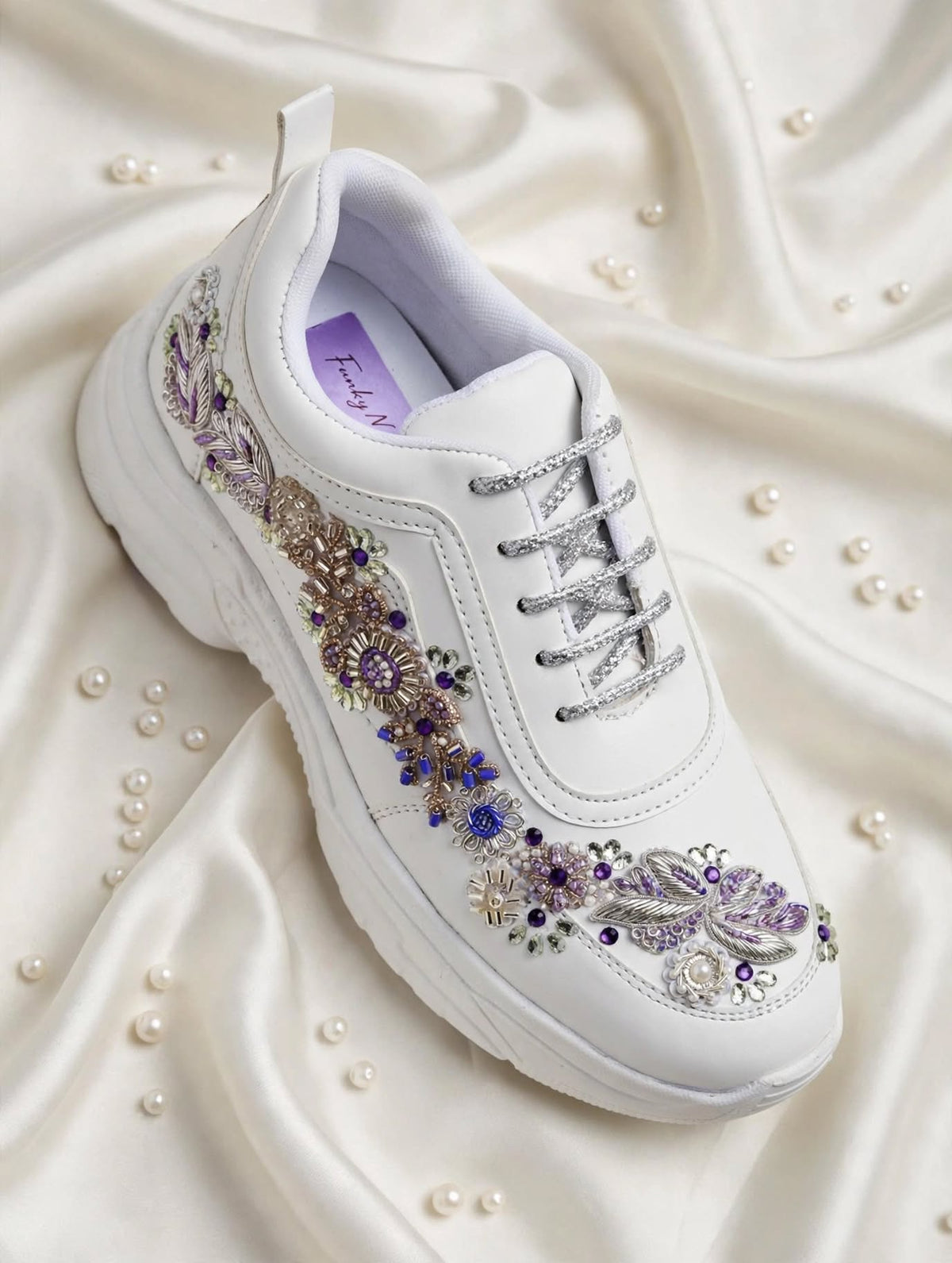 Funky N Trendy embroidery work bridal sneakers/ bridesmaid sneaker / silver sneakers/ purple shoes /name and wedding date customization