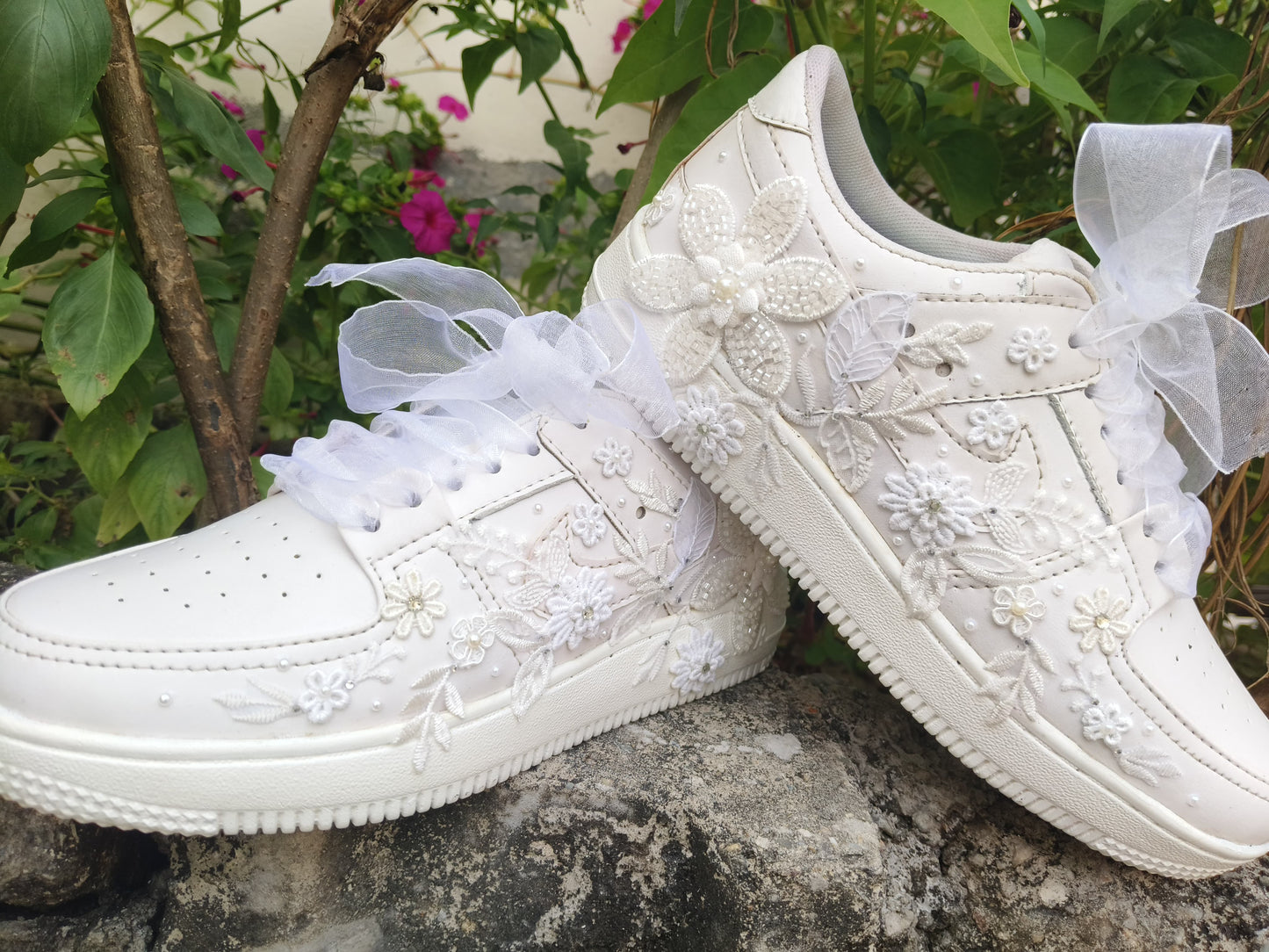 Funky N Trendy white thread work pearl work sneakers with floral detailing / bridal sneakers/ sneaker for bride / white sneakers/ pearl sneakers for bride/custom name initials / wedding date