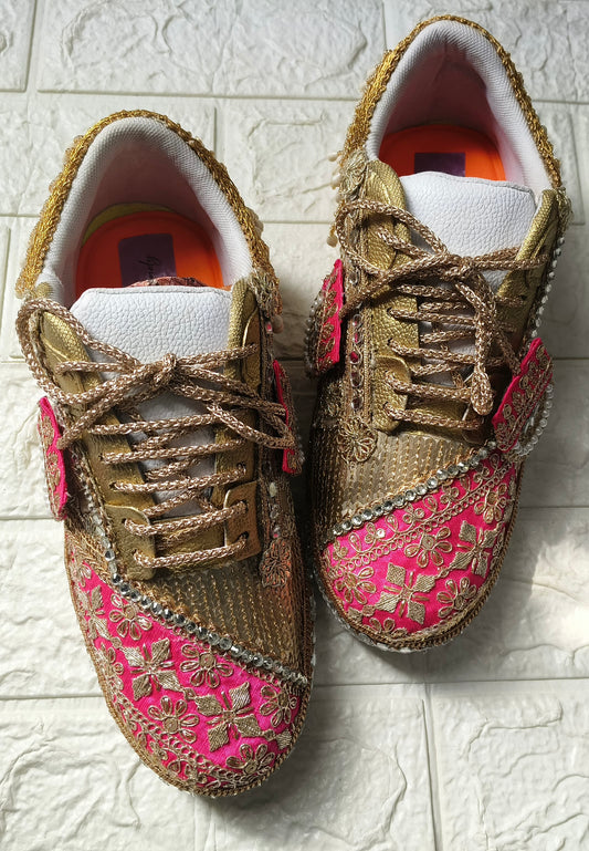 FUNKY N TRENDY hot pink sneakers with rhinestone detailing for brides /bridesmaids / sneakers for bridesmaids/ handcrafted sneakers/ sequine sneakers / bridal sneakers / bridesmaid sneakers/ pink sneakers / gold shoes/ rani pink sneakers
