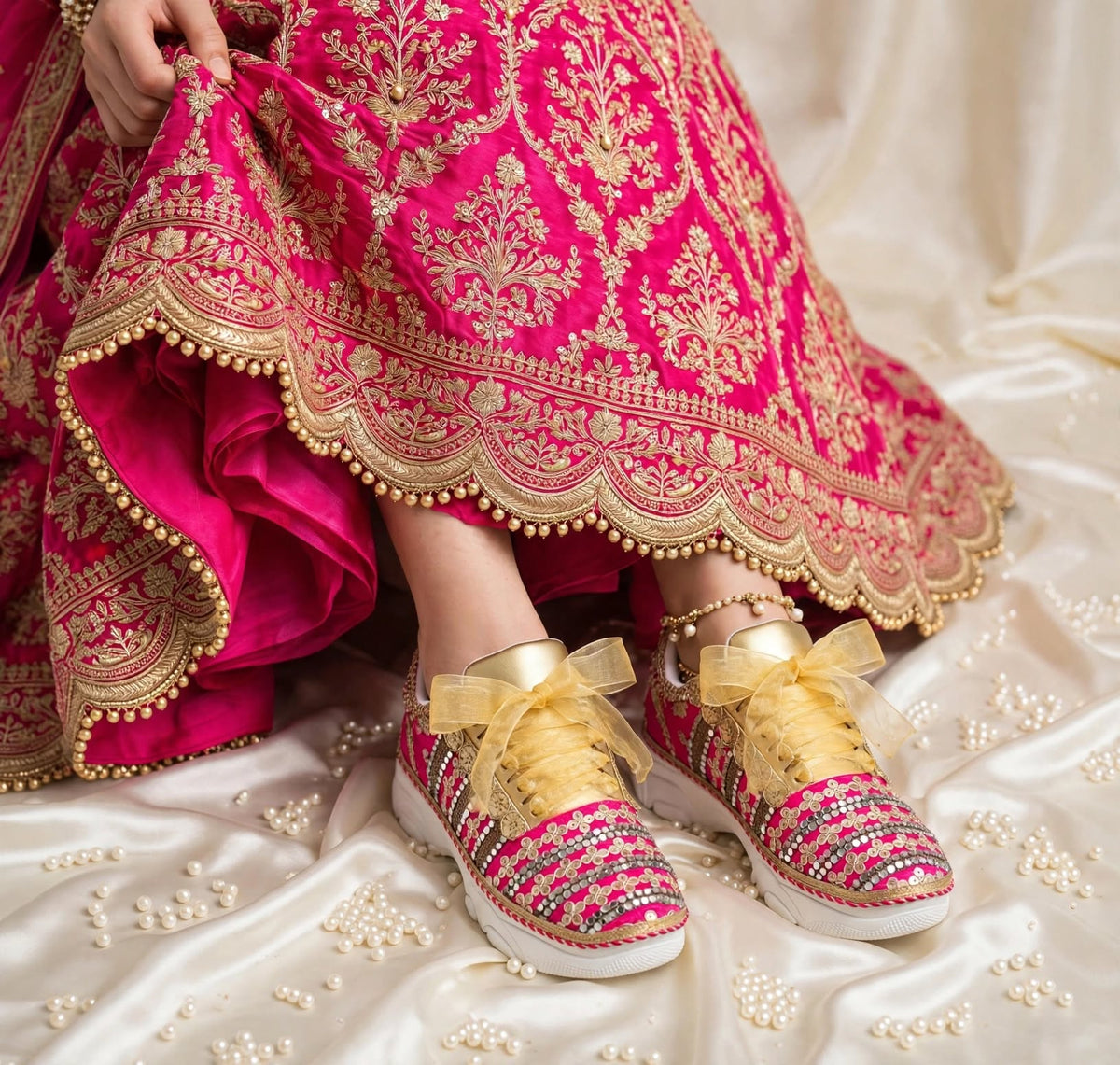 Funky N Trendy Hot pink zari work with mirror detailing bridal sneakers/ bridesmaid sneaker / golden sneakers/ hot pink sneakers / pink shoes for bride/ rani pink sneakers